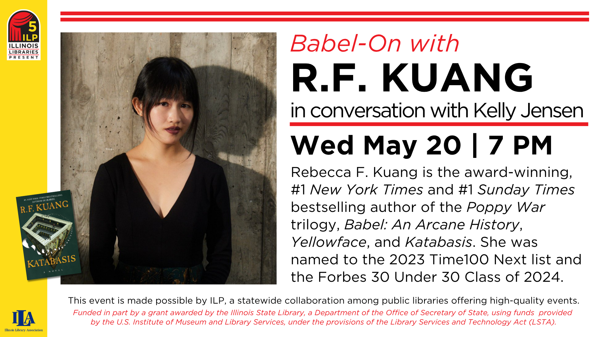 Event featuring author R.F. Kuang discussing her works, including her latest novel "KATABASIS," on May 20 at 7 PM.