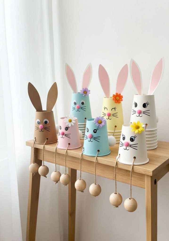 A cute display of colorful rabbit-themed cups with bunny ears and faces, arranged on a wooden table with decorative wooden balls.