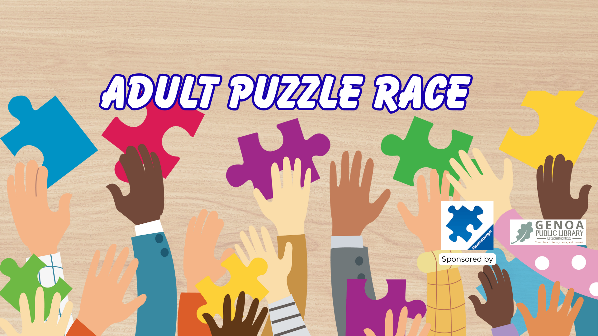 An event called "Adult Puzzle Race," featuring colorful puzzle pieces and hands reaching out, sponsored by the Genoa Public Library.