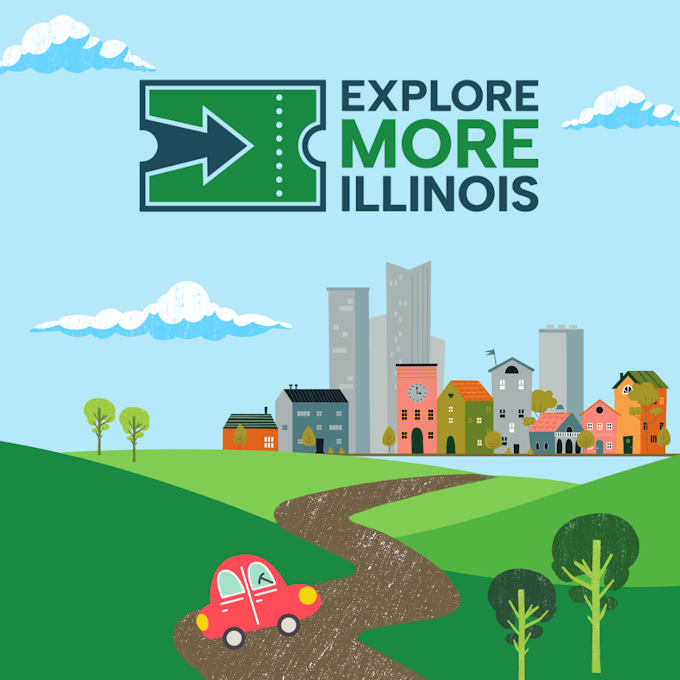 Illustration with a logo "Explore More Illinois," city skyline, green hills, road, red car, and blue sky with clouds.