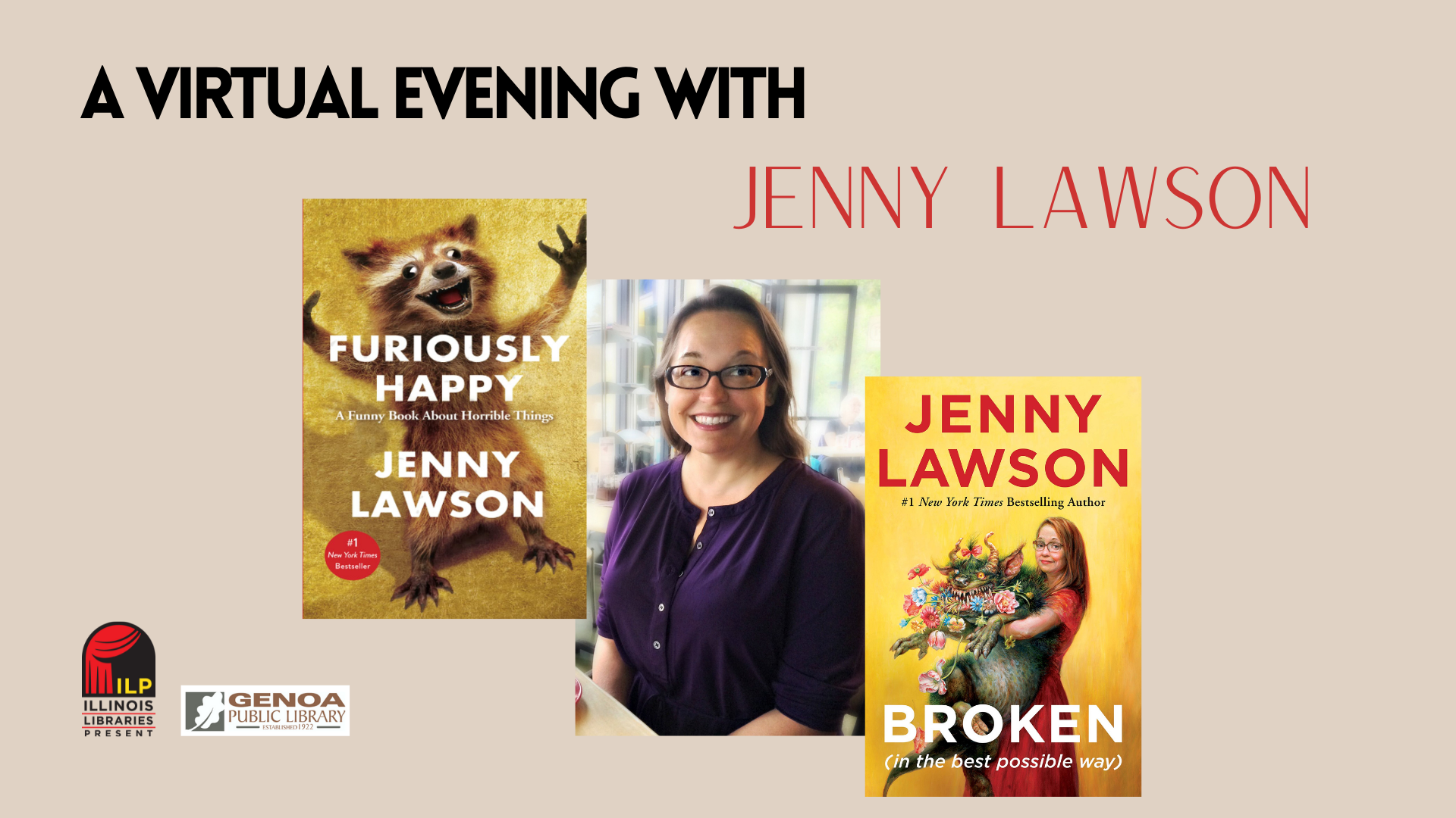 A promotional image for a virtual event featuring author Jenny Lawson, showcasing her books "Furiously Happy" and "Broken."