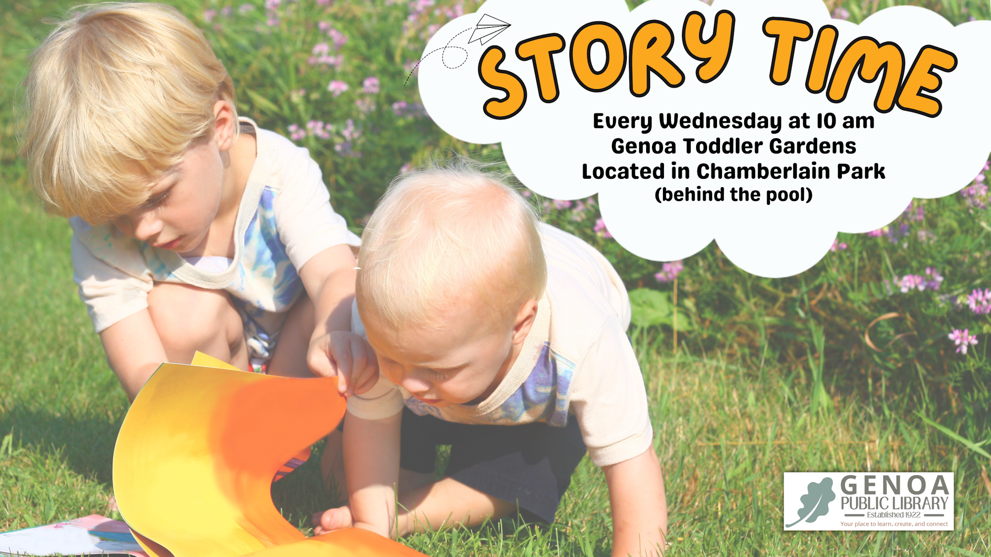 Two kids reading a book outdoors with "STORY TIME" event details for Genoa Public Library.