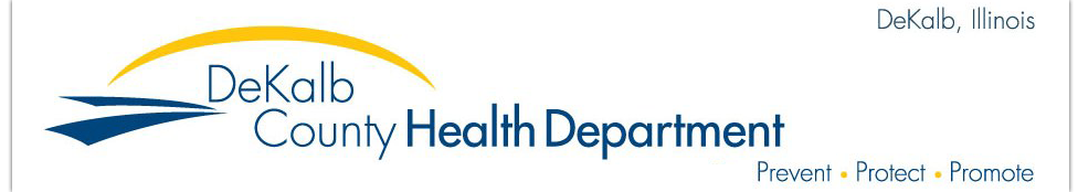 Logo of DeKalb County Health Department with the tagline "Prevent • Protect • Promote." Located in DeKalb, Illinois.