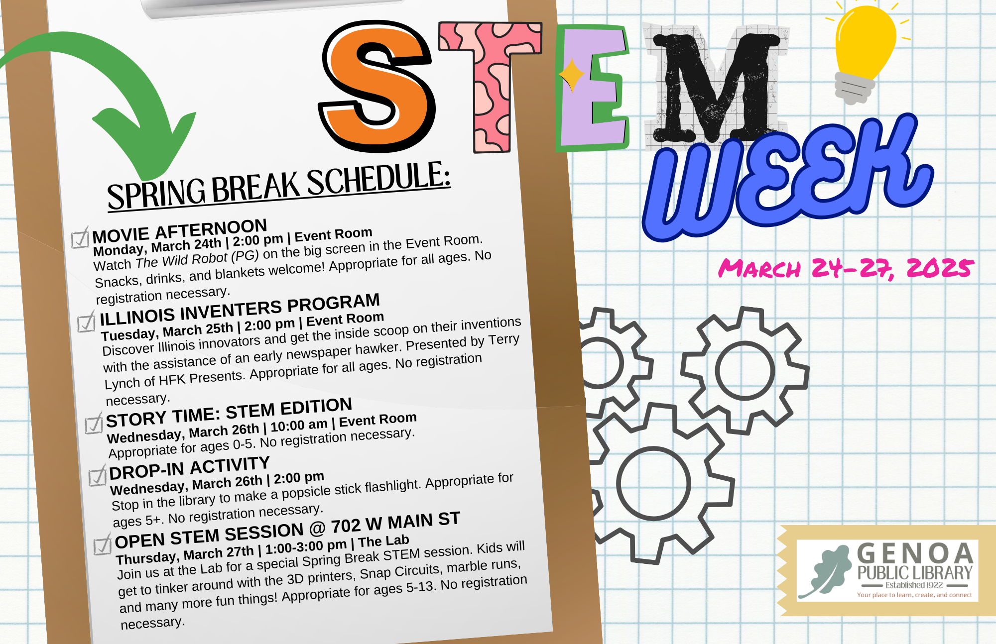 STEM Week schedule from March 24-27, 2025, at Genoa Public Library featuring activities like movies, inventors program, and STEM sessions.