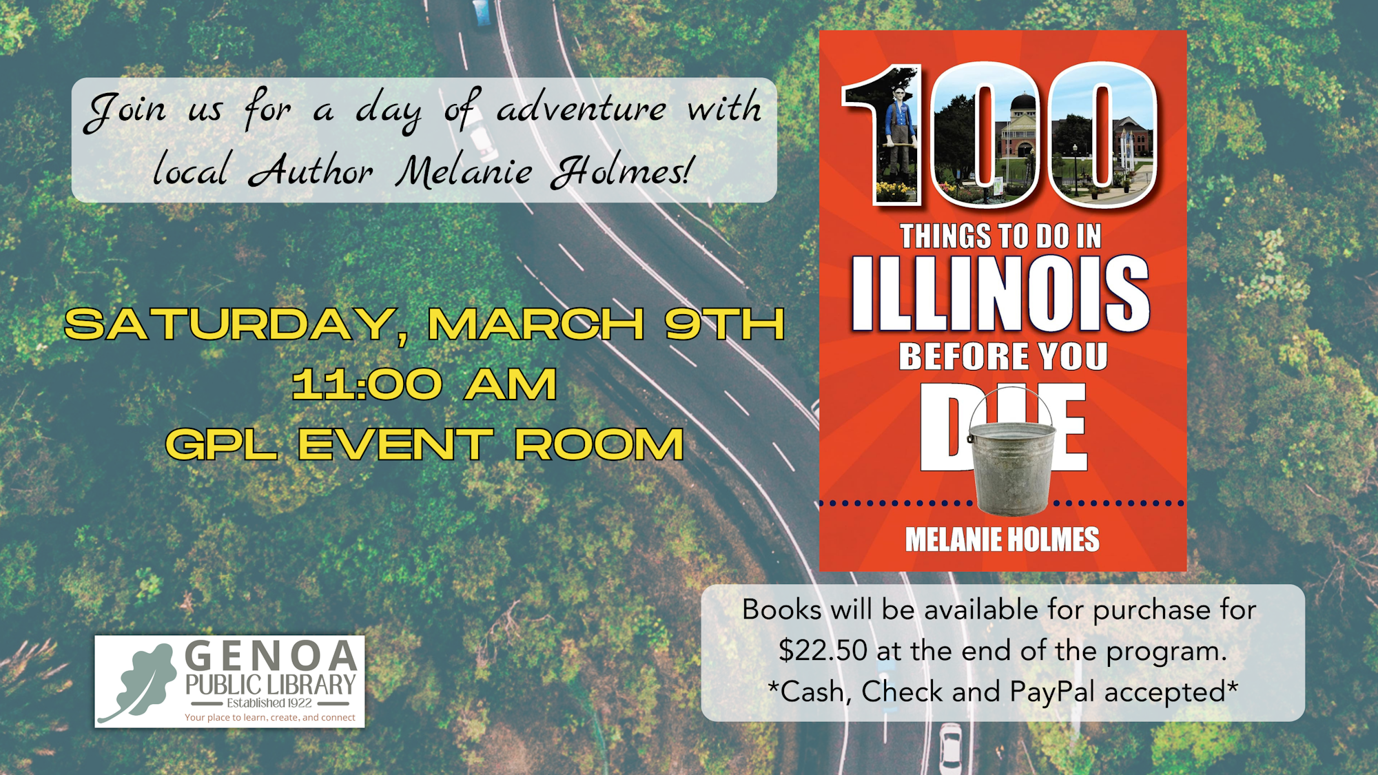 Event poster for a day of adventure with author at Genoa Public Library on March 9th, book sale for $22.50, various payment methods accepted.