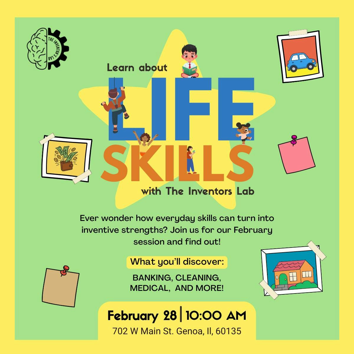 Join The Inventors Lab on Feb 28 at 10 AM in Genoa to learn everyday life skills like banking, cleaning, and medical topics!