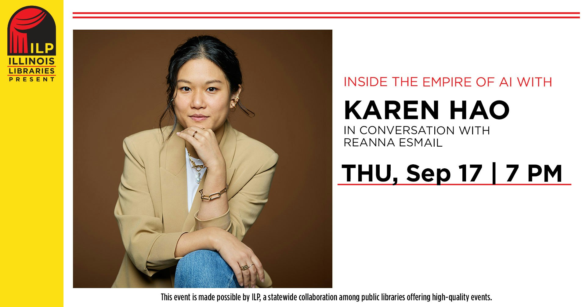 The image announces an event featuring Karen Hao in conversation with Reanna Esmail about AI, scheduled for Sep 17 at 7 PM.