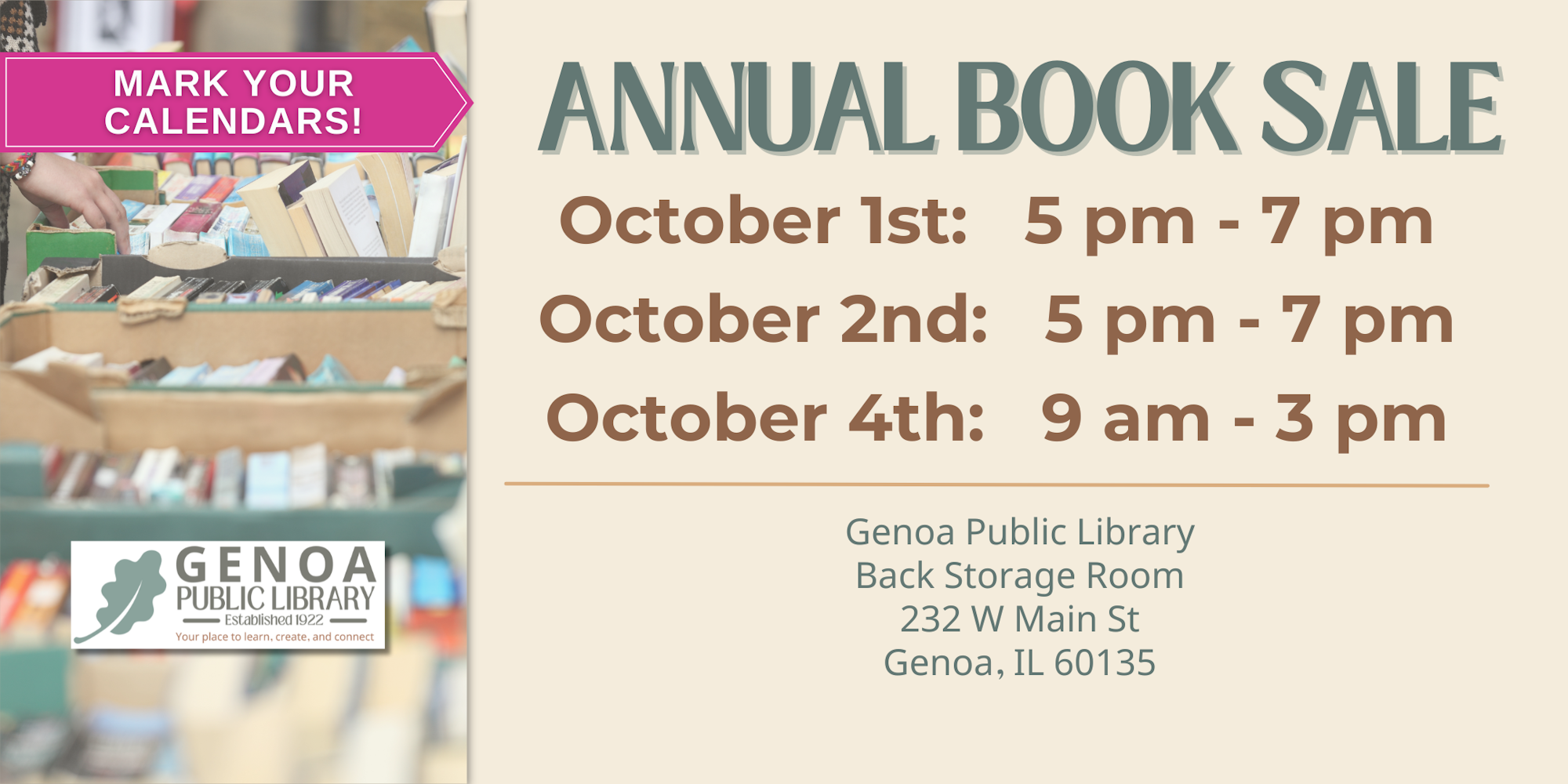 Annual book sale, October 1st, 2nd, and 4th at Genoa Public Library, 232 W Main St, Genoa, IL.