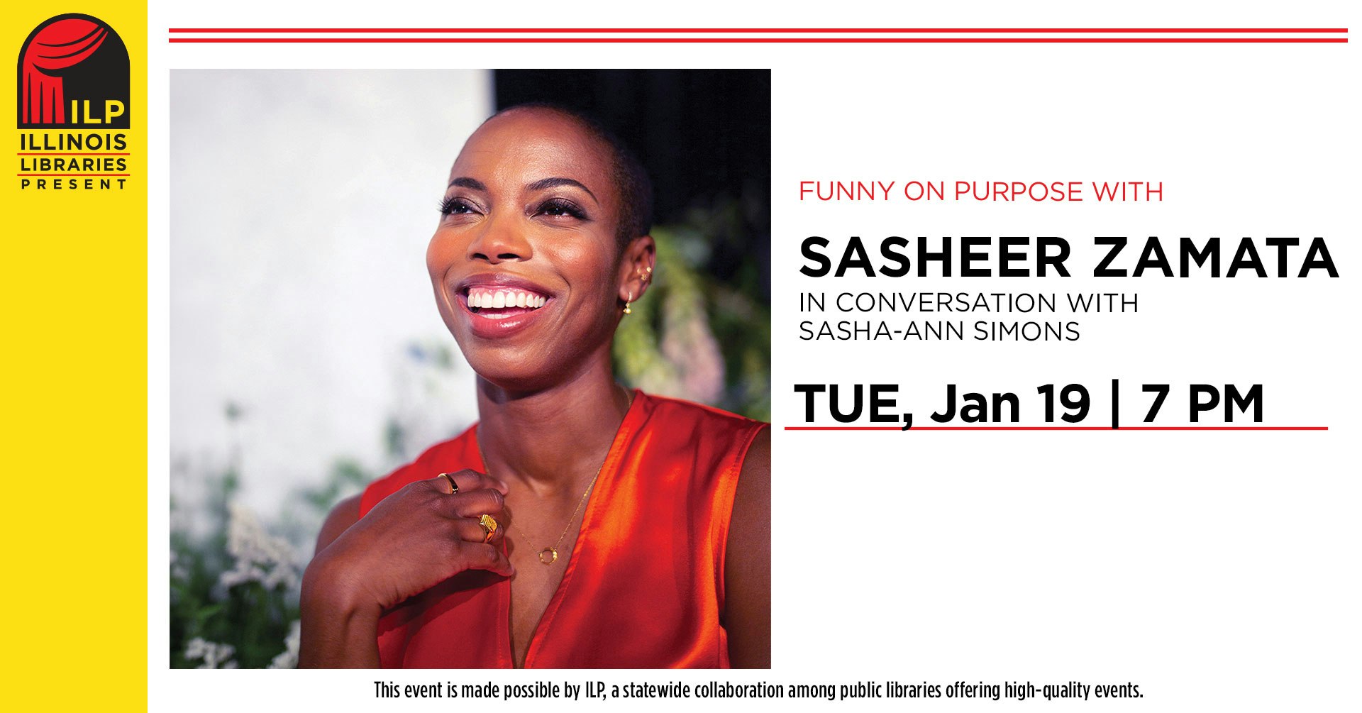 The image promotes an event with Sasheer Zamata in conversation with Sasha-Ann Simons, scheduled for Jan 19 at 7 PM.
