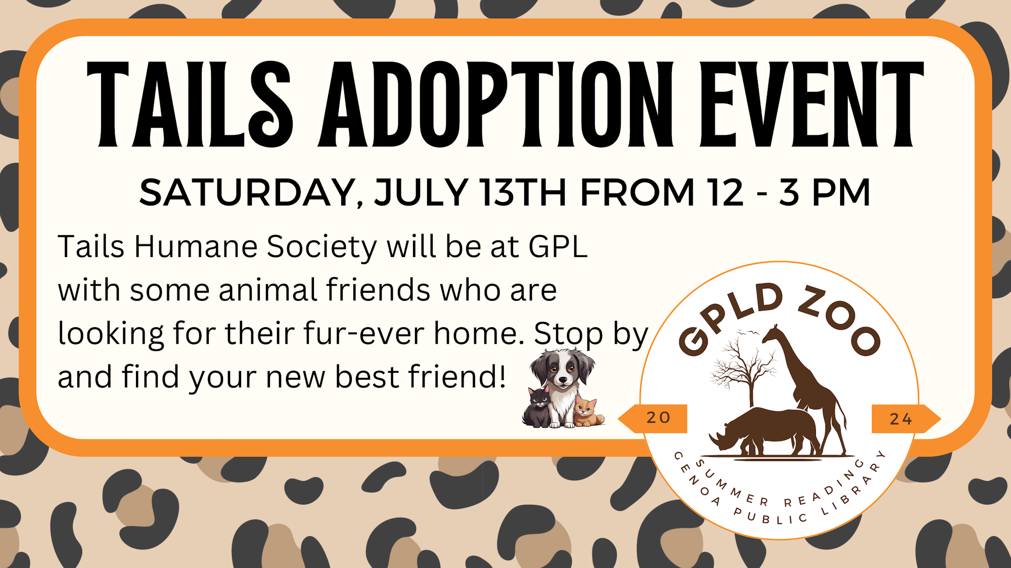 An animal adoption event flyer with date, time, location, and cute animal graphics.
