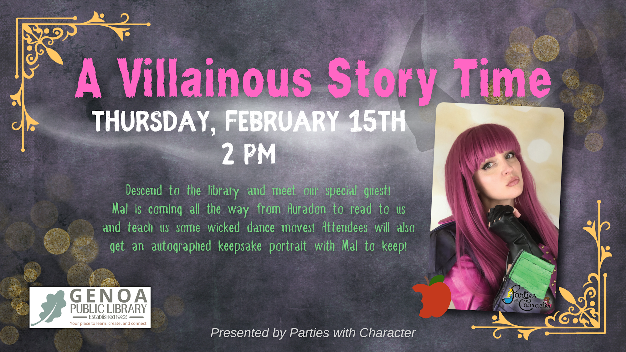 An event flyer for "A Villainous Story Time" with a costumed character, scheduled for Thursday, February 15th at 2 PM.