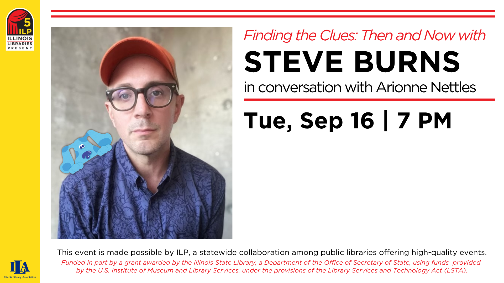 Event poster: "Finding the Clues: Then and Now" with Steve Burns, Sep 16, 7 PM, hosted by Illinois Libraries Present.