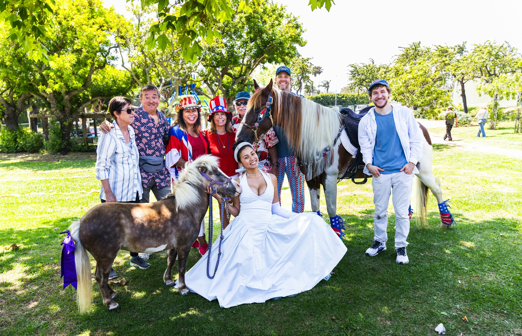 A group of people in festive attire with a bride, ponies wearing decorations, and a park setting with trees.