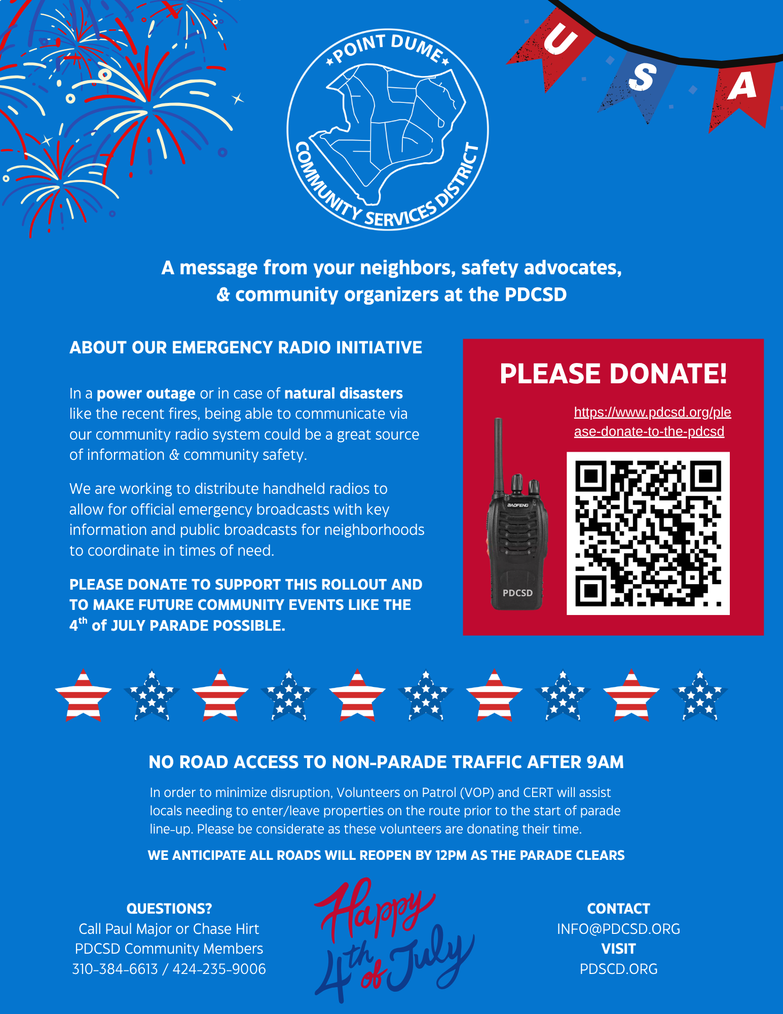 Point Dume flyer about an emergency radio initiative and 4th of July parade details with contact info and donation request.