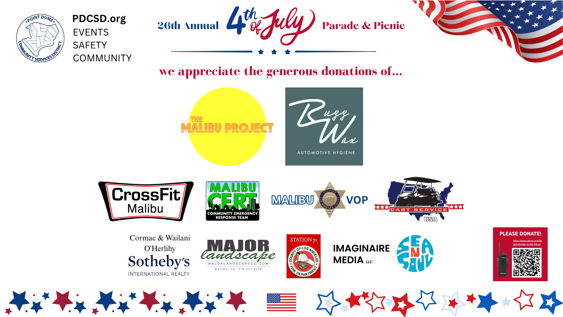 Flyer for the 26th Annual 4th of July Parade & Picnic by PDCS, thanking sponsors and including logos and donation info.