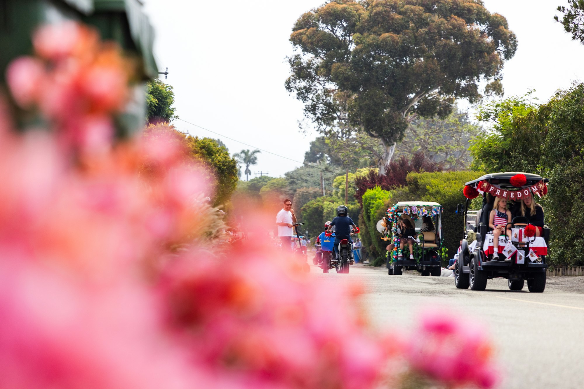 Decorated golf carts parade through a street lined with trees and flowers, featuring a "FREEDOM" banner.