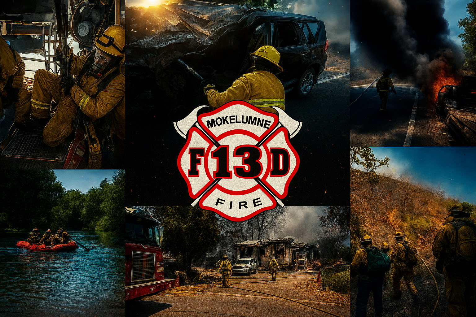 Firefighters in various rescue and firefighting actions; central badge: "Mokelumne F13D Fire."