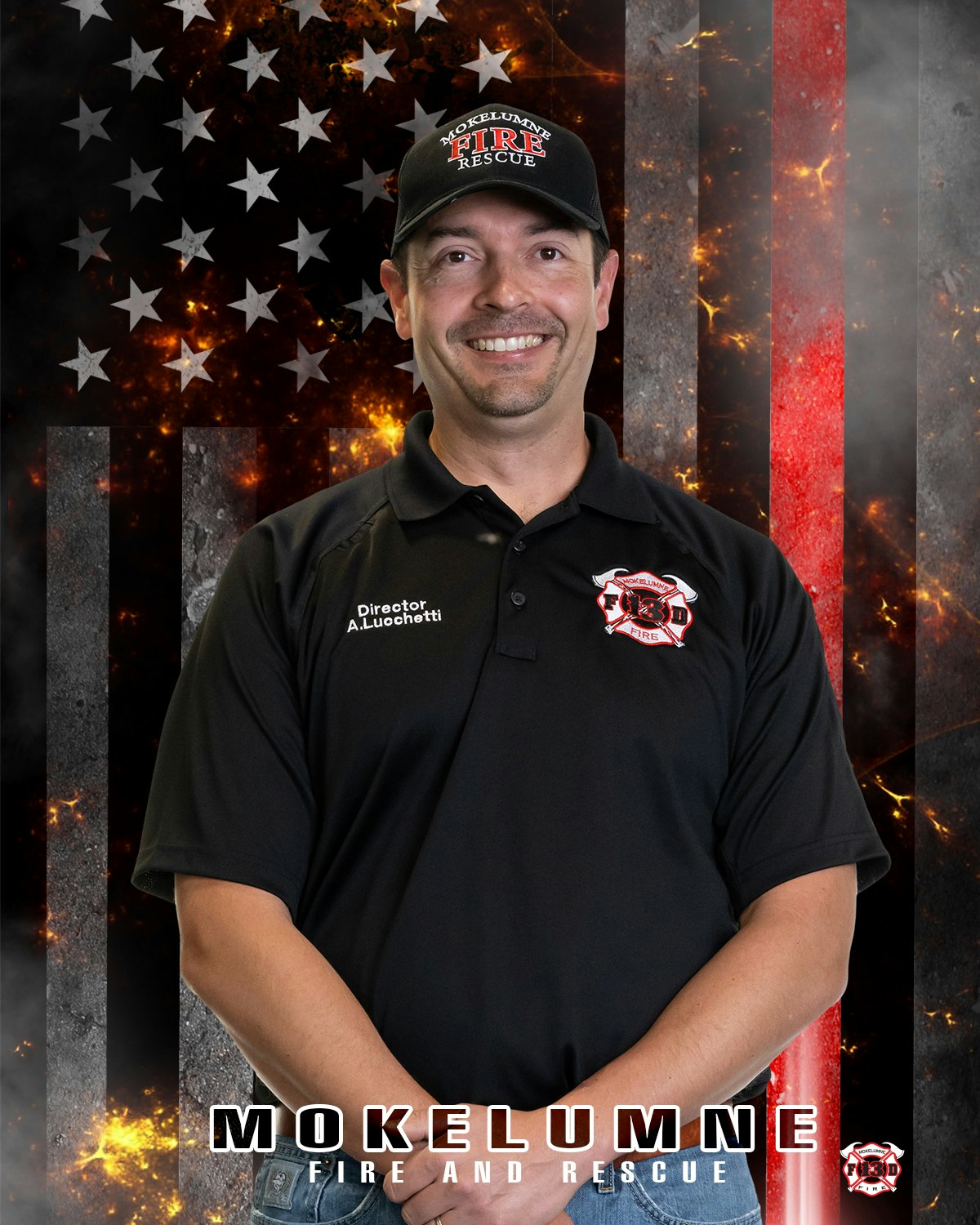 A smiling person wearing Fire & Rescue attire with a themed background.