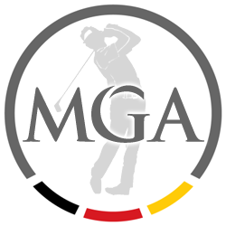 A logo featuring a golfer silhouette with the letters MGA, encircled by a gray band. Red and yellow accents at the bottom.