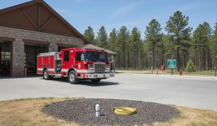 A red fire truck is parked outside a fire station, surrounded by trees and a grassy area with a fire hydrant visible.