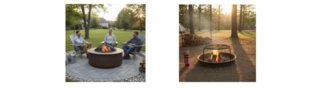 The images show a group of people around a fire pit in a backyard setting and a second fire pit surrounded by trees at sunset.