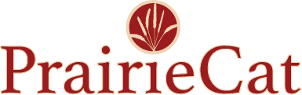 Logo with the word "PrairieCat" and a stylized red circle featuring wheat.