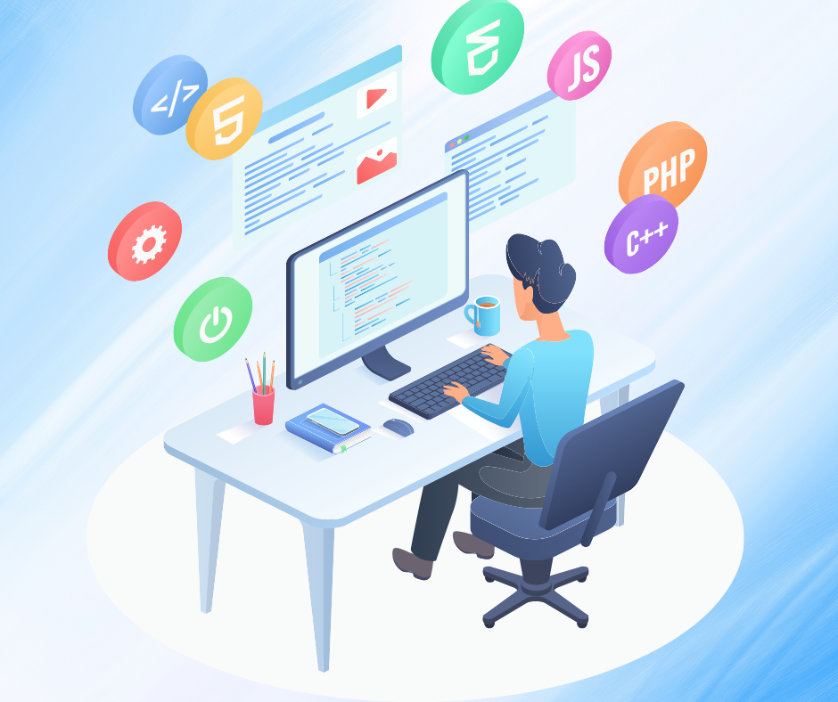 Illustration of a person coding with programming language icons like HTML, JS, and PHP floating around.