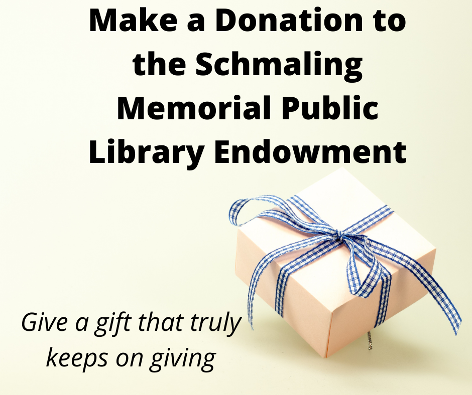 A gift box with a blue and white ribbon; text promoting a donation to the Schmaling Memorial Public Library Endowment.