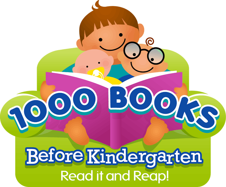 Three cartoon kids reading a book titled "1000 BOOKS" with text "Before Kindergarten – Read it and Reap!"