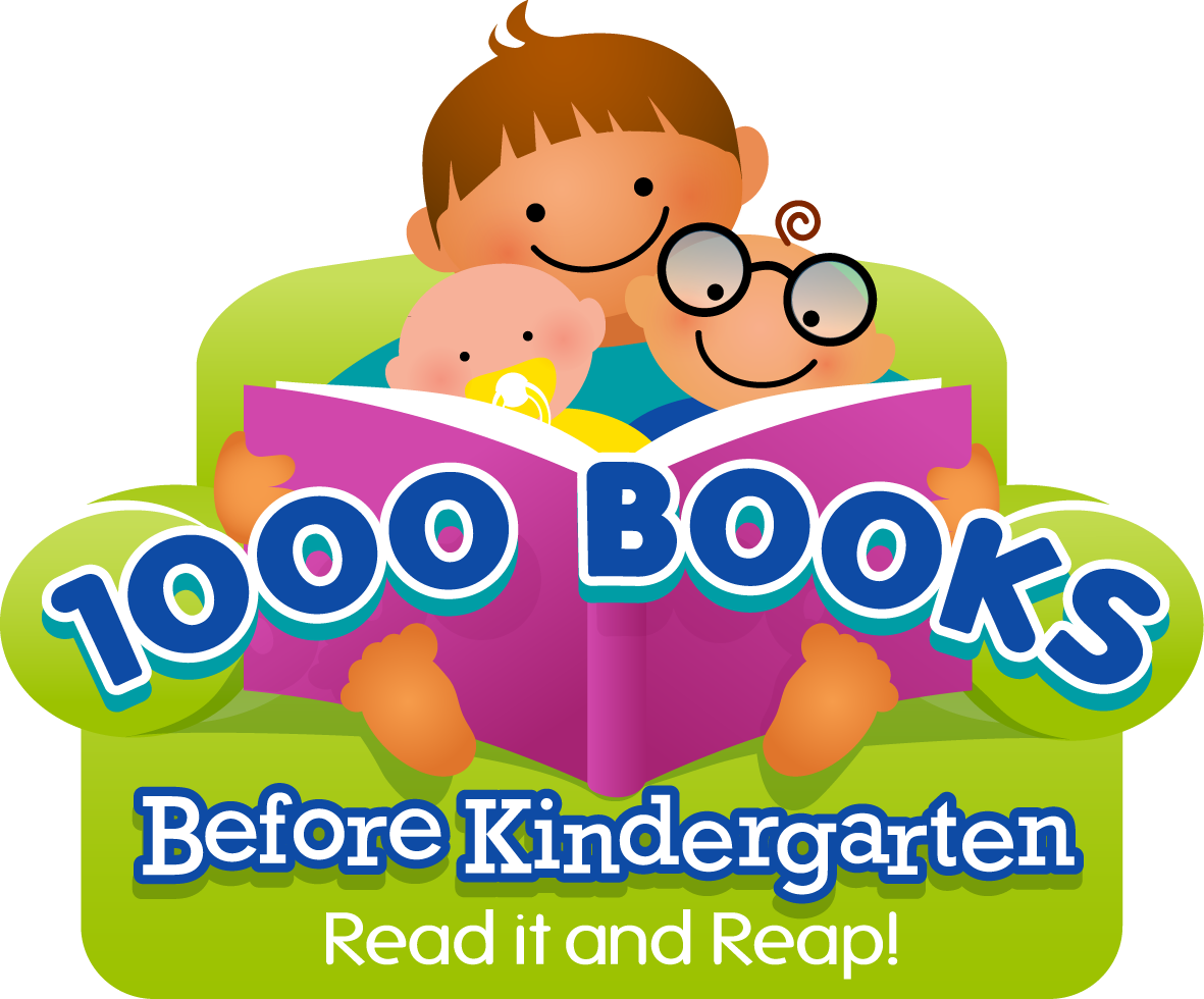 Three cartoon kids reading a book titled "1000 BOOKS" with text "Before Kindergarten – Read it and Reap!"