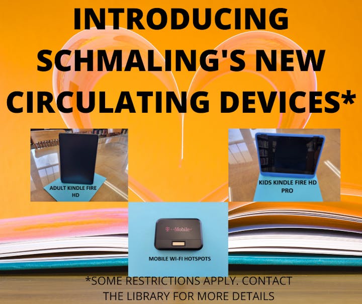 Promotional image for Schmaling's new circulating devices: adult and kids' Kindle Fires and a mobile Wi-Fi hotspot.