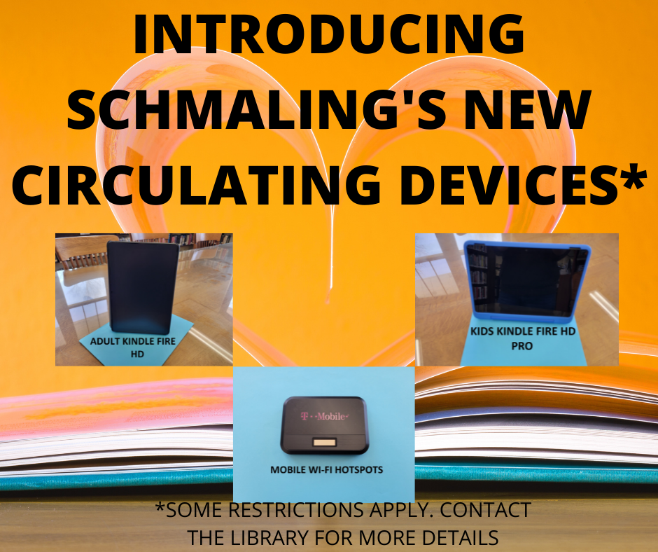 Promotional image for Schmaling's new circulating devices: adult and kids' Kindle Fires and a mobile Wi-Fi hotspot.
