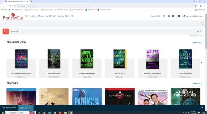 A website displaying new adult fiction books and videos, presumably for a library's online catalog.