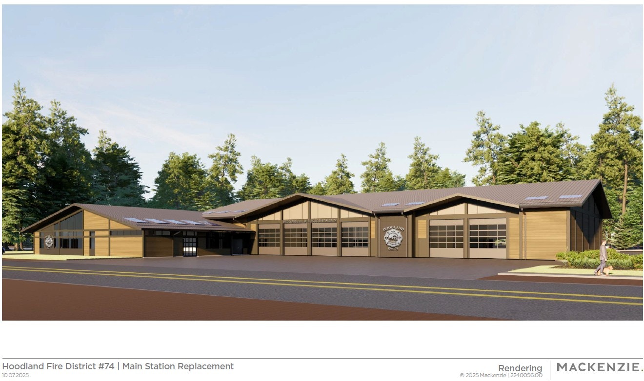 Rendering of Hoodland Fire District #74 main station with modern design and surrounded by trees.