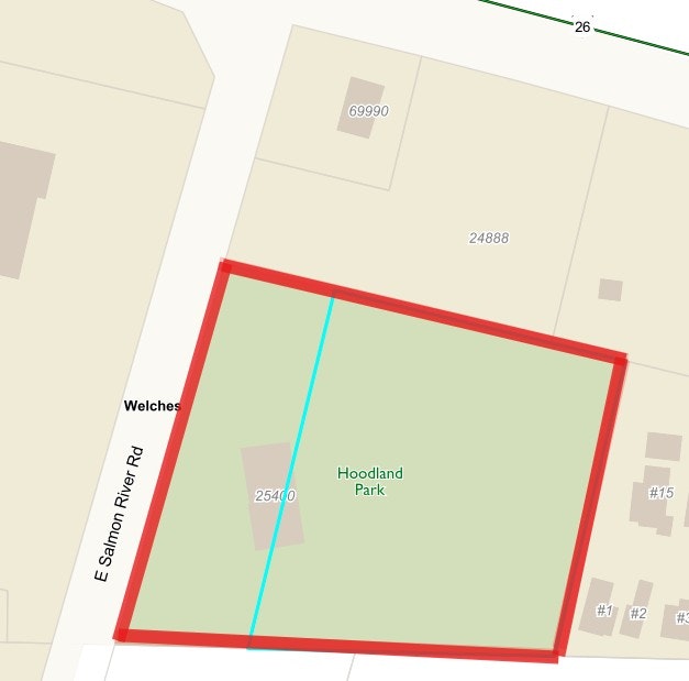 Map showing "Hoodland Park," bordered in red, near E Salmon River Rd and Welches, with parcel numbers.