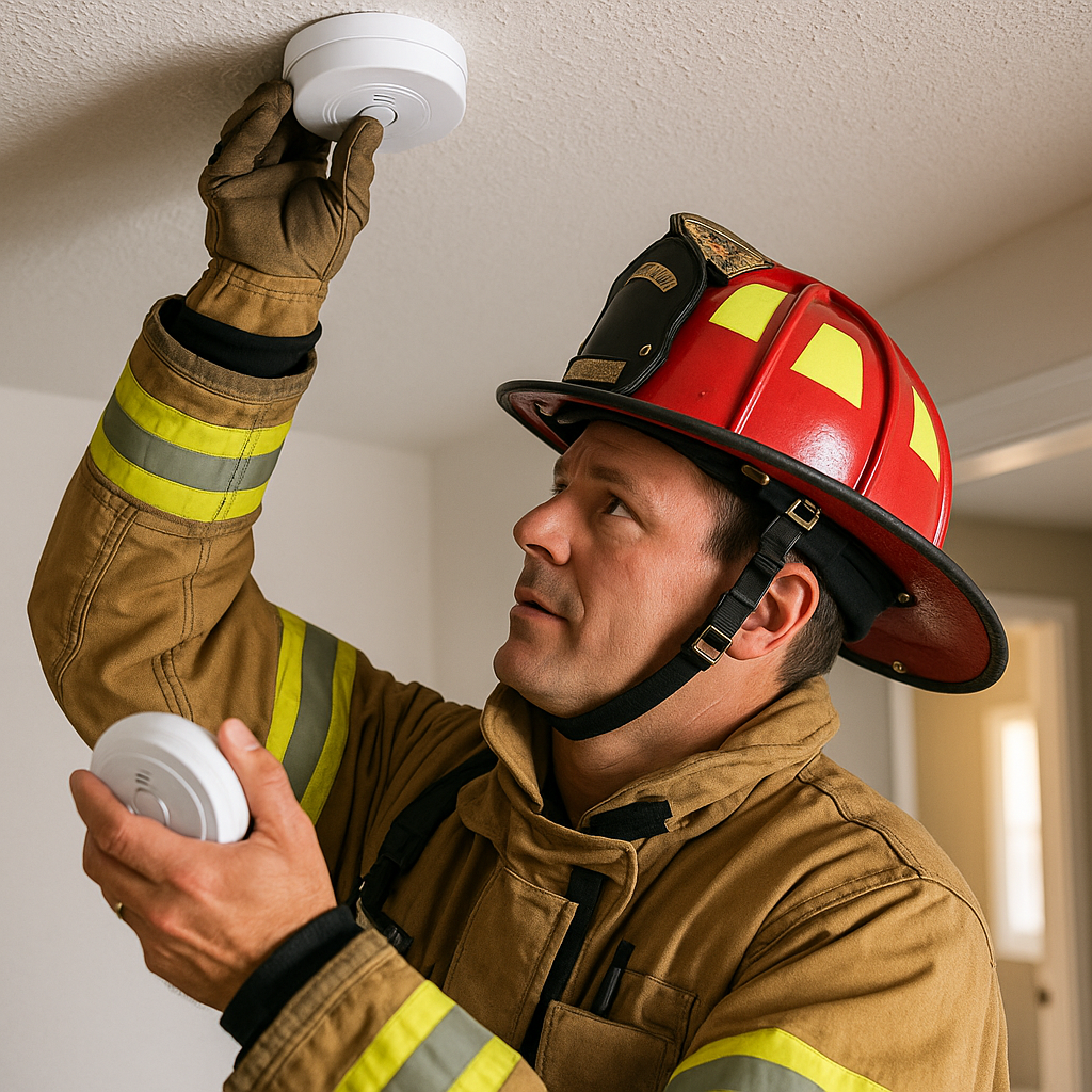 Firefighter in uniform installing a smoke detector on a ceiling.