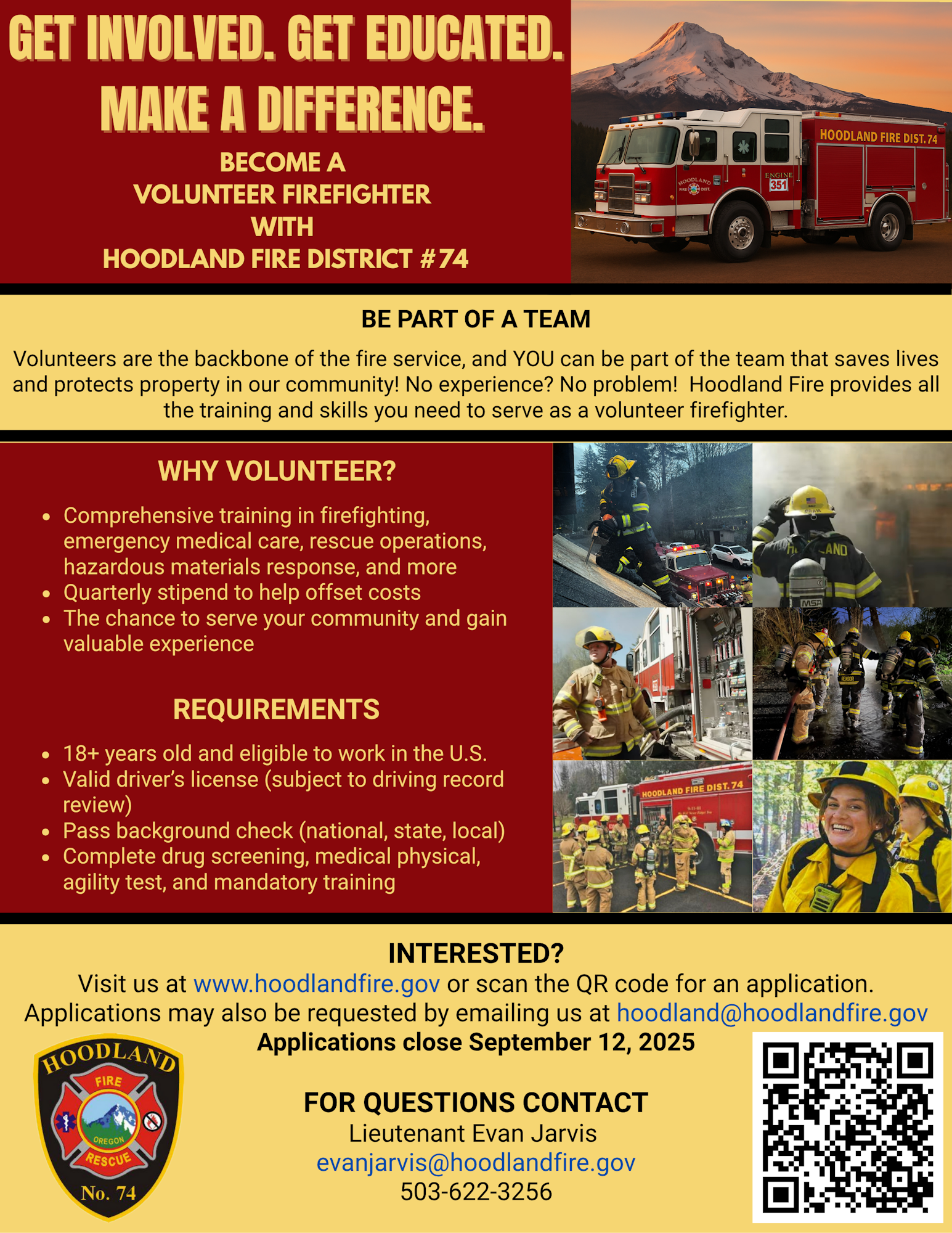 Volunteer firefighter recruitment poster for Hoodland Fire District #74. Details on training, requirements, and contact info provided.