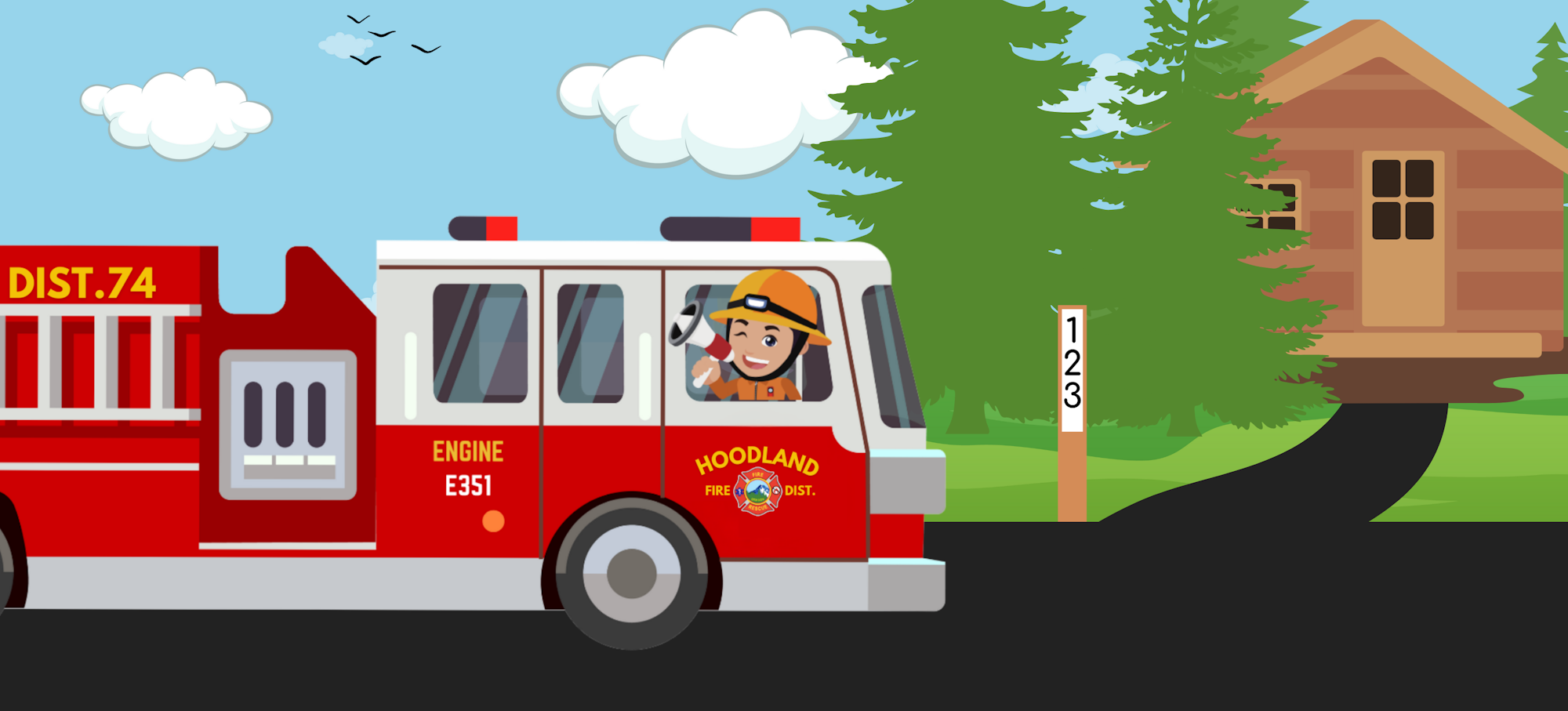 A colorful illustration of a firefighter in a fire engine next to a cabin in the woods.