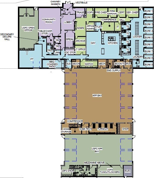 Building floor plan with community, admin, living quarters, apparatus bay, and support rooms. Color-coded legend included.