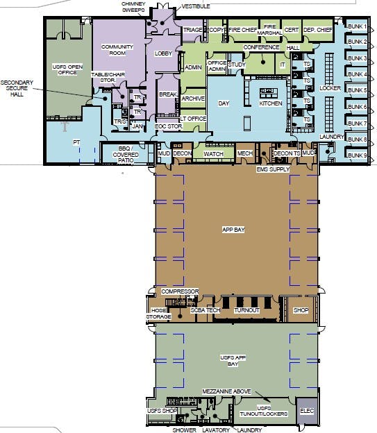 Building floor plan with community, admin, living quarters, apparatus bay, and support rooms. Color-coded legend included.