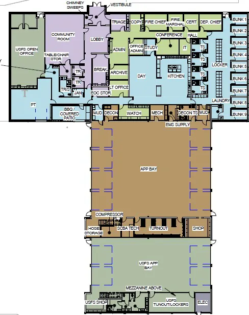 Building floor plan with community, admin, living quarters, apparatus bay, and support rooms. Color-coded legend included.