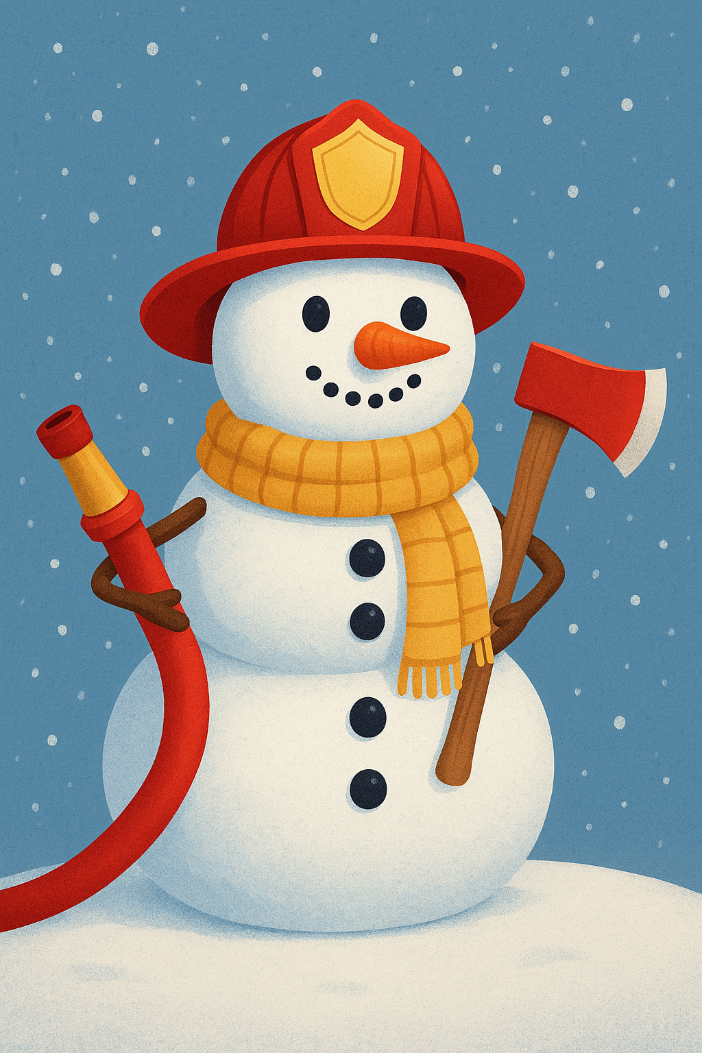 A cheerful snowman wearing a fireman’s hat and yellow scarf, holding a fire hose and an axe, against a snowy backdrop.
