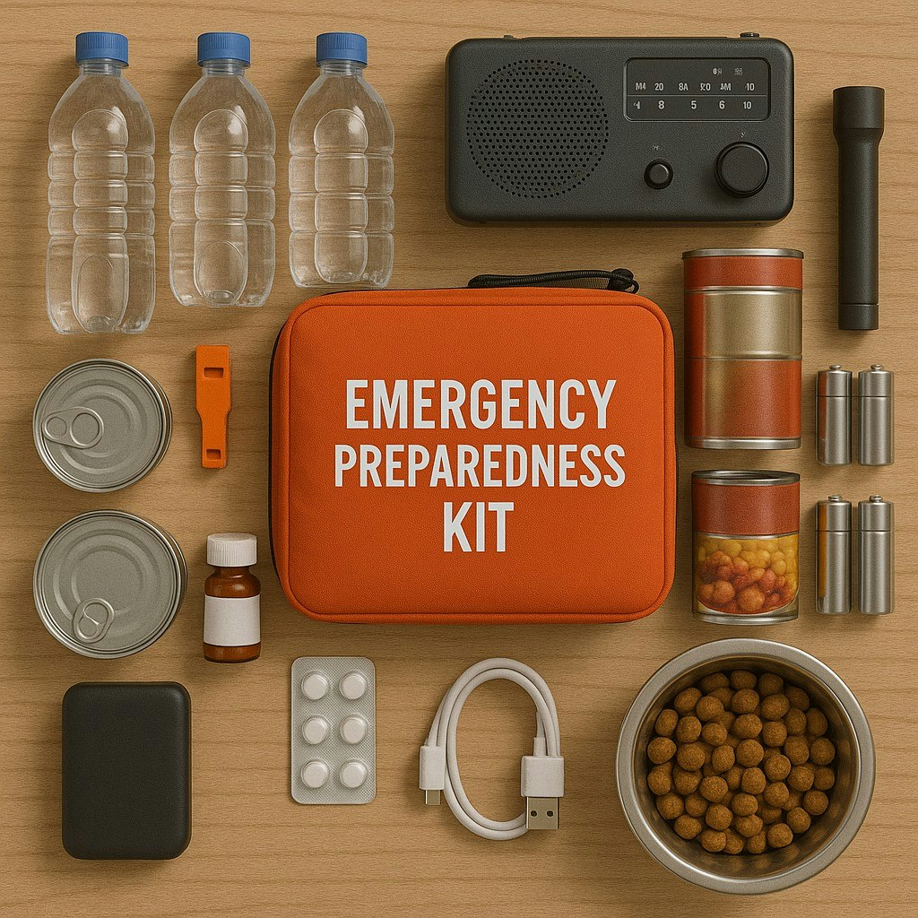 Emergency preparedness kit with water, radio, flashlight, canned food, batteries, whistle, medicine, and USB cable.