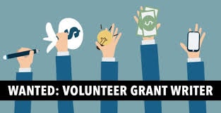 The image is an advertisement seeking a volunteer grant writer, featuring hands holding various symbols like money and tools.