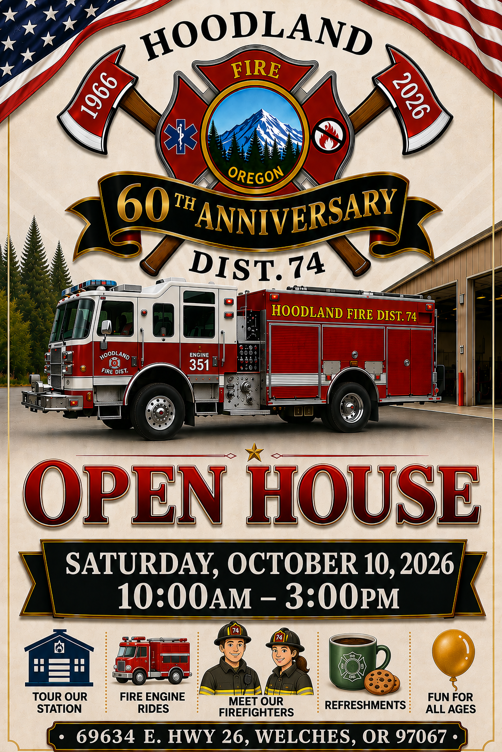 Hoodland Fire District 74 hosts a 60th anniversary open house on October 10, 2026, 10 AM to 3 PM. Enjoy tours, rides, and refreshments!