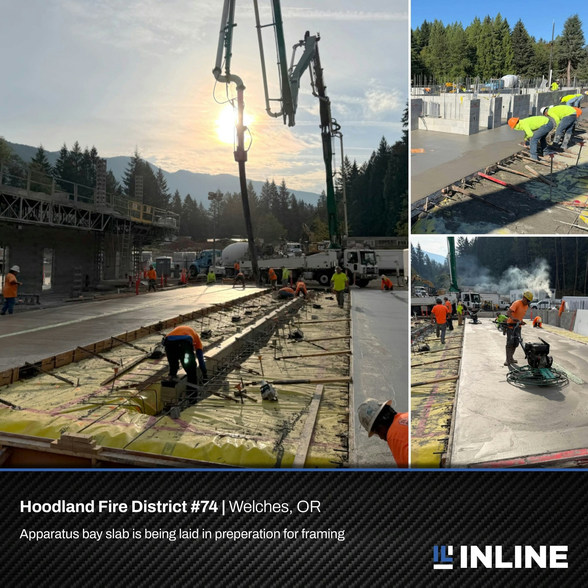 Workers are pouring concrete for the apparatus bay slab at Hoodland Fire District #74 in Welches, OR, preparing for framing.