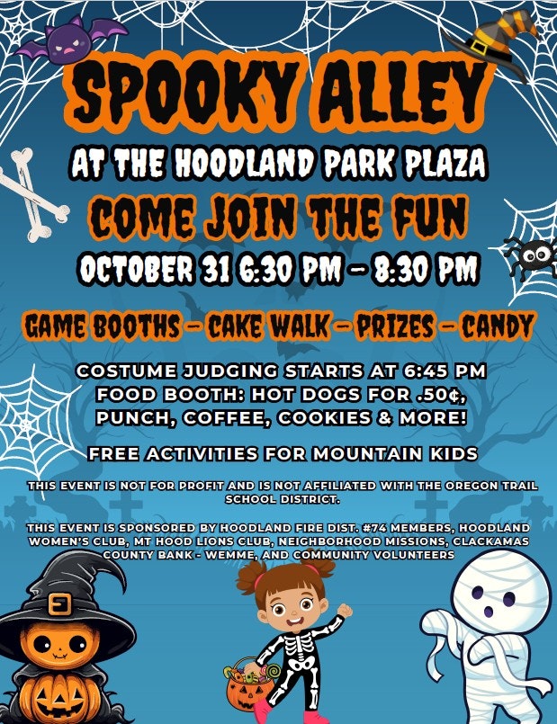 Spooky Alley event at Hoodland Park Plaza on Oct 31, 6:30-8:30 PM. Game booths, cake walk, prizes, candy. Free activities for kids.