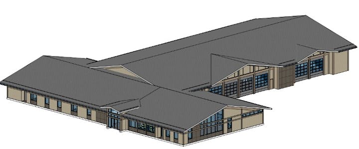An architectural 3D model of a building with two wings and a peaked roof.