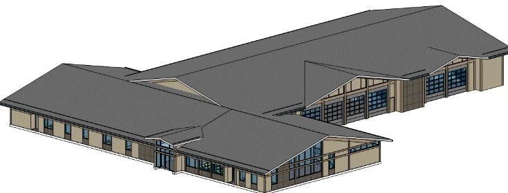 An architectural 3D model of a building with two wings and a peaked roof.