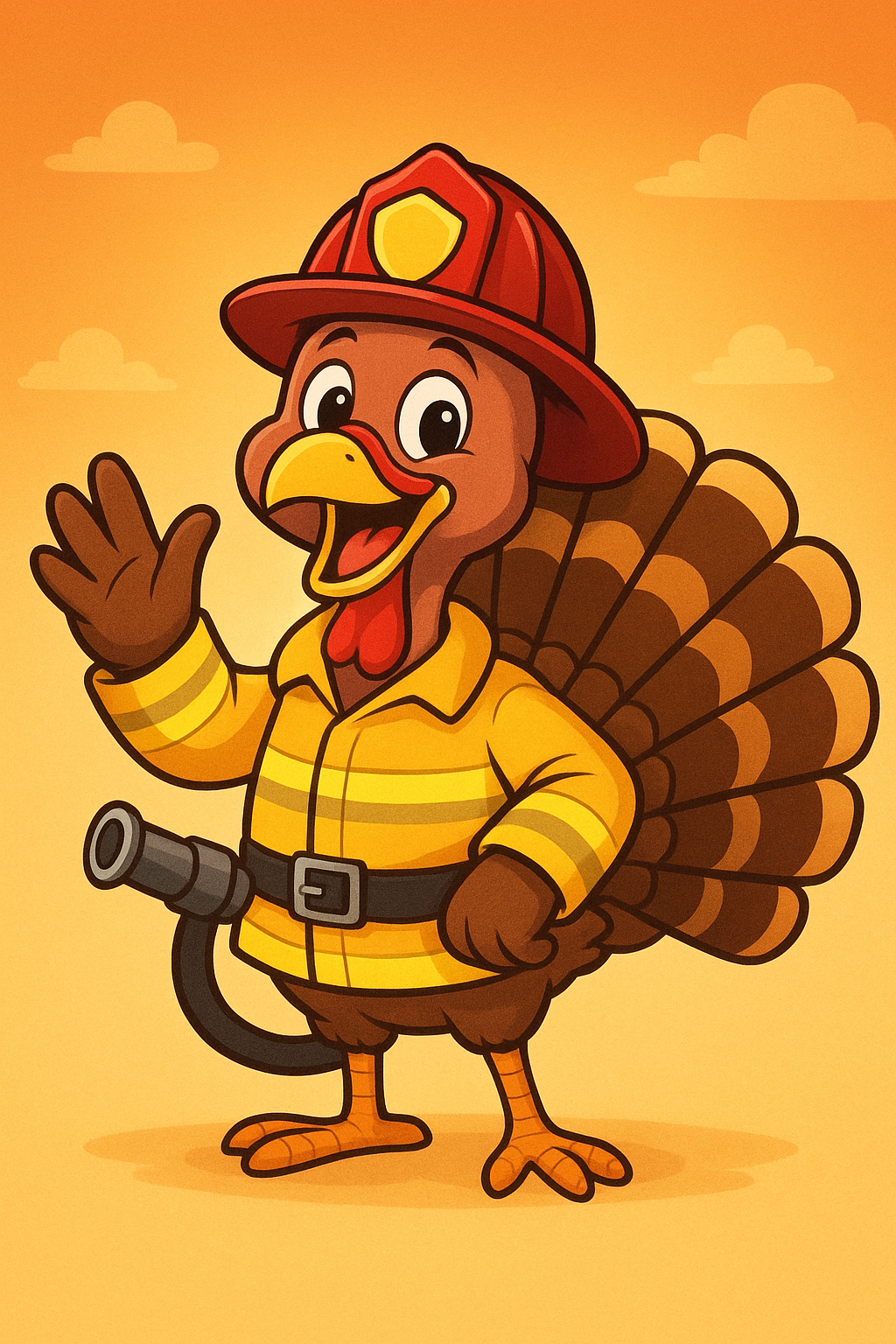 A cheerful cartoon turkey dressed as a firefighter, waving, with a bright orange background and a fire hose in its hand.